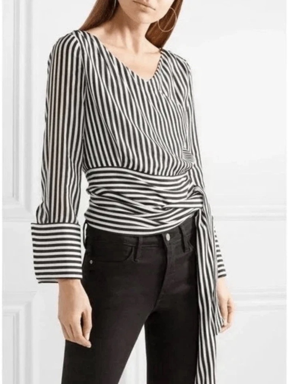 Alice + Olivia Alba Silk Wrap Tie Waist Striped Blouse Black White size small